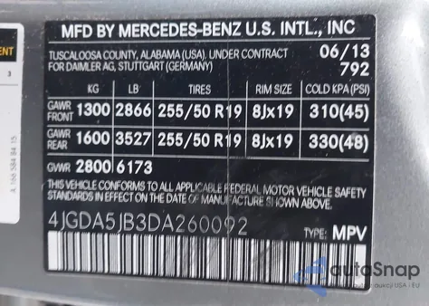 2013 Mercedes-Benz Ml 350 from USA, damaged, VIN 4JGDA5JB3DA260092